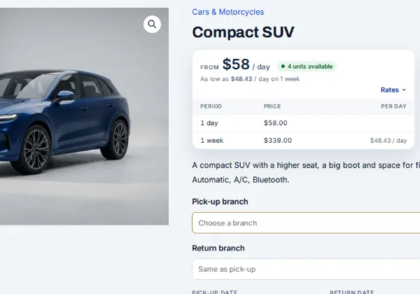 A Compact SUV product page on the car rental demo, with a $58 day rate, a $339 week rate and 4 units available