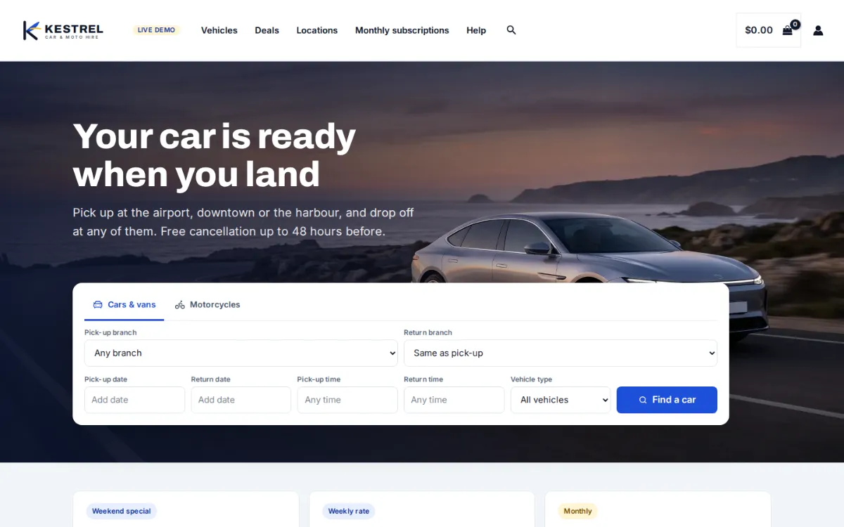 Car rental software on the live demo: the Kestrel car and motorcycle hire homepage with a search for pick-up branch, return branch, dates, times and vehicle type
