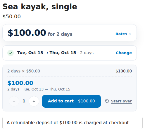 Storefront booking bar for a sea kayak with the notice A refundable deposit of 0.00 is charged at checkout below it