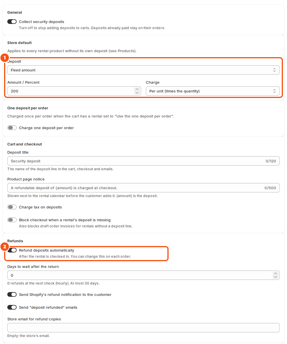 The Security Deposits Settings page with Collect security deposits on, the store default marked as 1 (a fixed amount per unit), one deposit per order, cart and checkout wording, and the refund settings marked as 2 with Refund deposits automatically on