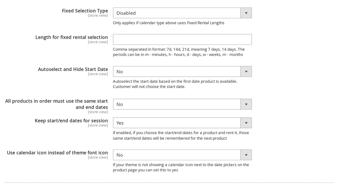 Magento 2 admin Calendar Options settings group, including Fixed Selection Type and Length for fixed rental selection