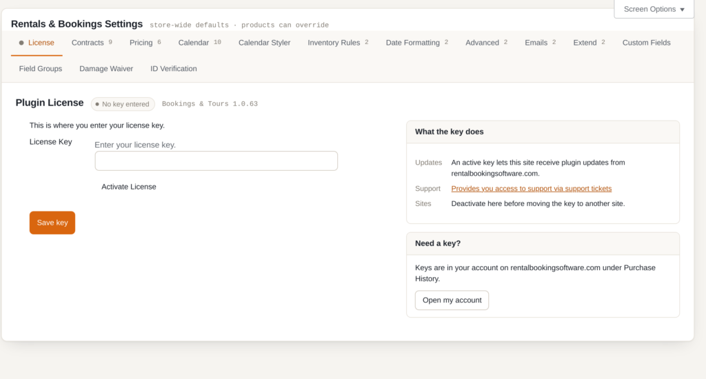 The License tab of Rentals and Bookings Settings, where a WooCommerce rental plugin licence key is entered
