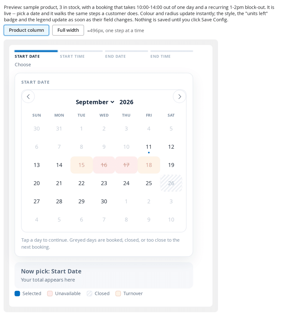 In Line Range Picker shown in the Calendar Styler live preview, with the four-step progress row above the calendar