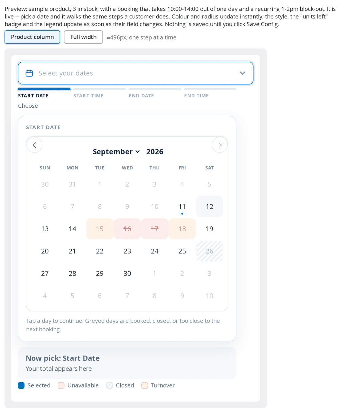 Popup Range Picker shown in the Calendar Styler live preview, opened from a Select your dates field
