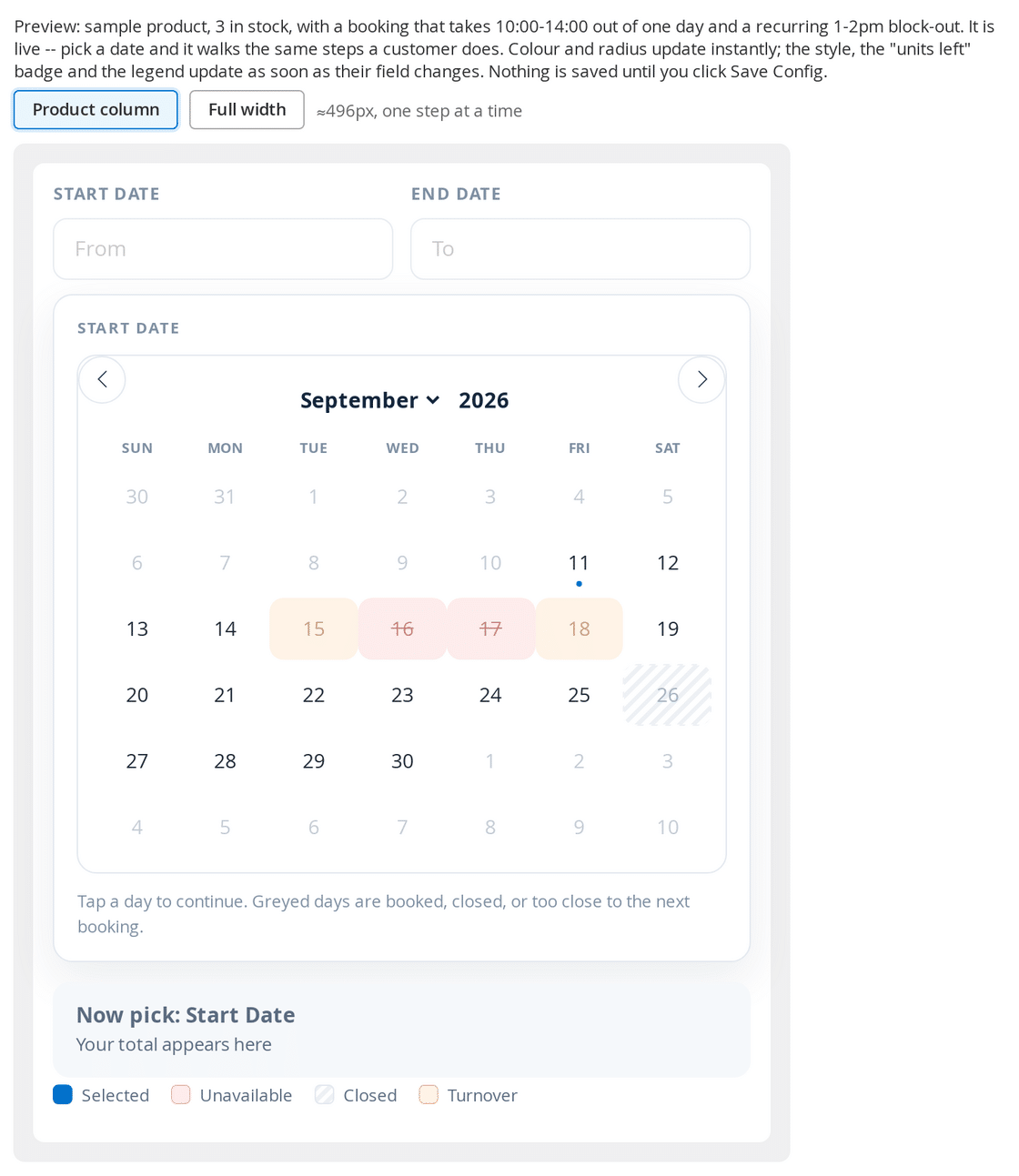 Separate Date Pickers shown in the Calendar Styler live preview, with start and end date fields above the calendar