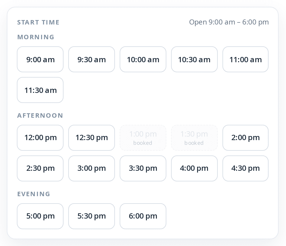 Rental time slot grid grouped into Morning, Afternoon and Evening, with two afternoon slots greyed out and labelled booked