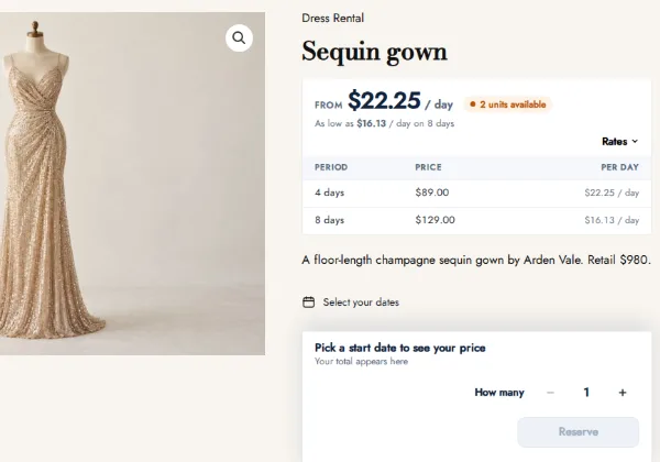 A sequin gown product page on the dress rental demo, with 4-day and 8-day rates