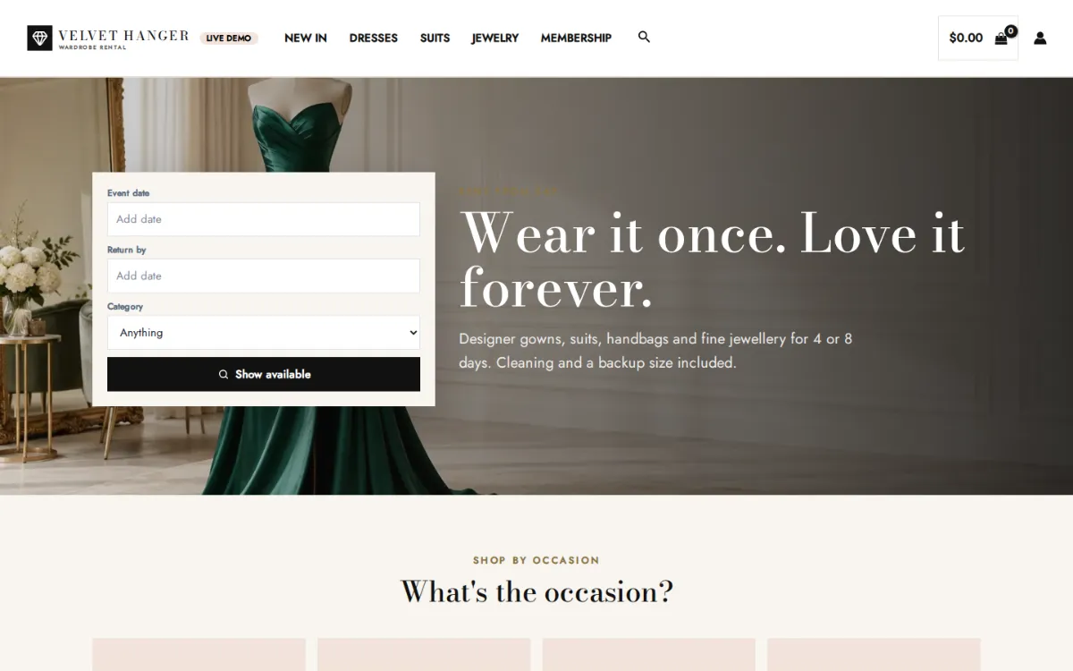 Clothing rental software on the live demo: the Velvet Hanger wardrobe rental homepage with an Event date and Return by search