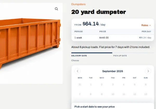 A 20 yard dumpster product page on the dumpster rental demo, with a flat 7-day price of $449 and 2 tons included