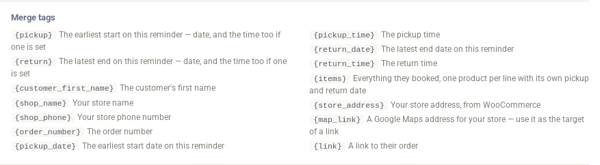 The merge tag list printed under the email body box, with a one-line description of each tag, including pickup, return, items, store_address, map_link and link