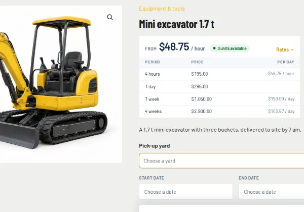 A Mini excavator 1.7 t product page on the equipment rental demo, with 4-hour, day, week and 4-week rates