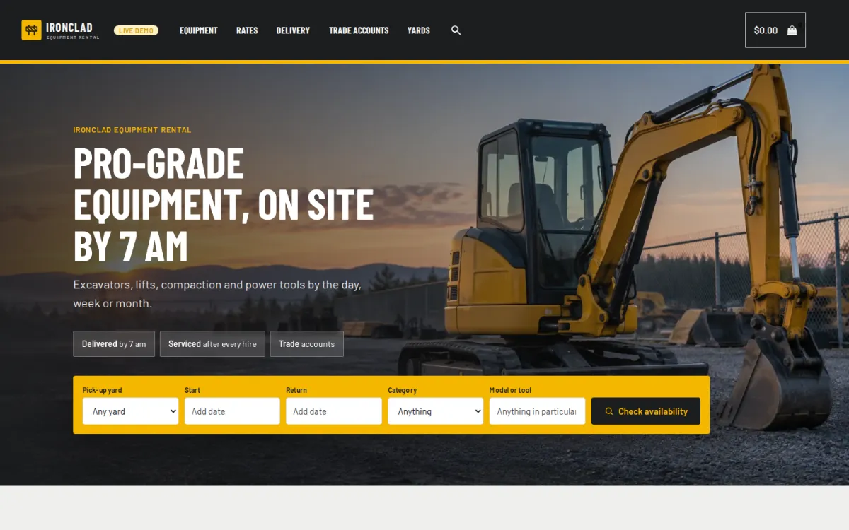 Heavy equipment rental software on the live demo: the Ironclad equipment rental homepage with a pick-up yard, dates, category and model search