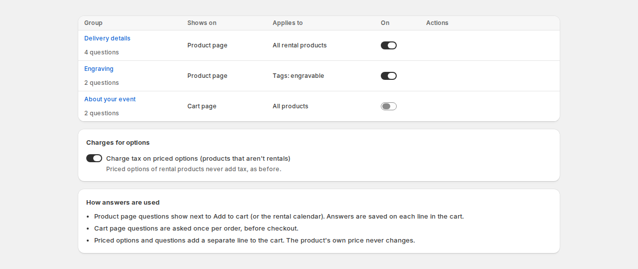 Custom fields page in the app listing three field groups: Delivery details on the product page for all rental products, Engraving on the product page for products tagged engravable, and About your event on the cart page, turned off