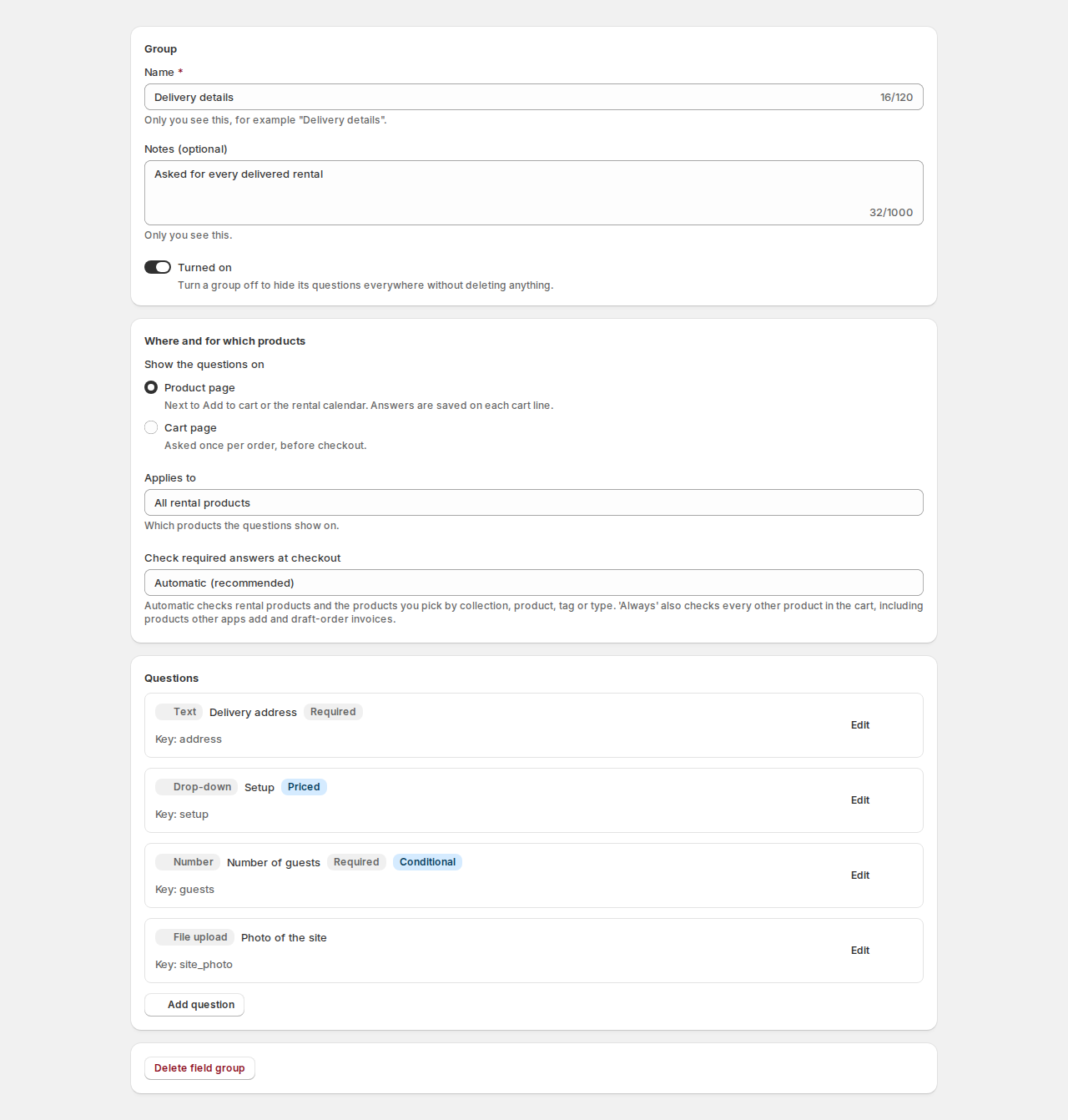 Field group editor in the app for Delivery details: name, notes, turned on, show the questions on the product page, applies to all rental products, check required answers at checkout set to Automatic, and four questions listed with their type and badges for Required, Priced and Conditional