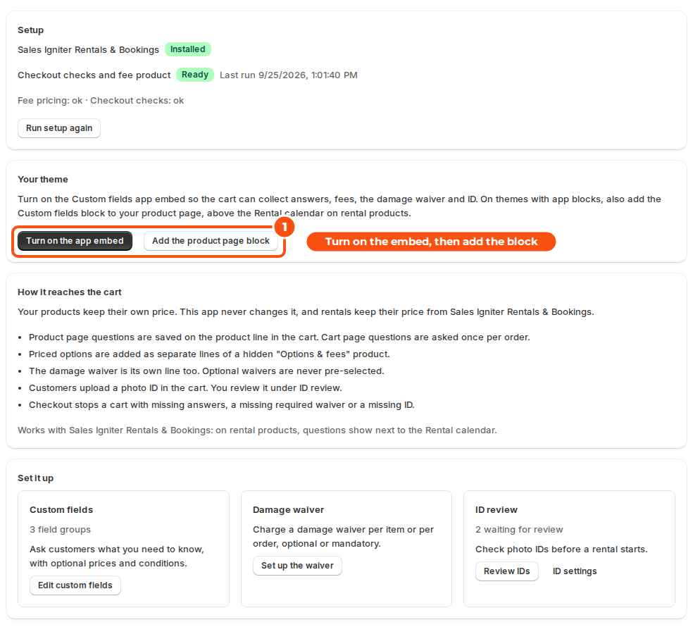 The Custom Fields home page with the setup status Ready, the Your theme card with Turn on the app embed and Add the product page block marked, How it reaches the cart, and cards for custom fields, the damage waiver and ID review