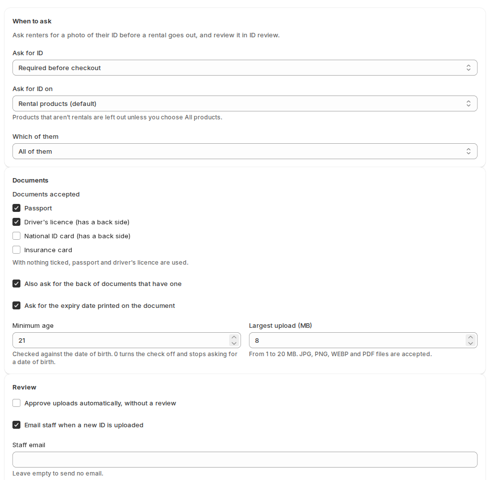 ID settings with Ask for ID set to Required before checkout on rental products, passport and driver's licence accepted with the back of the document and the expiry date, a minimum age of 21, an 8 MB upload limit and staff emails for new uploads