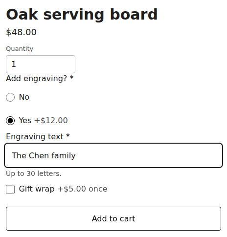 Storefront product page for an oak serving board with the question Add engraving? answered Yes for .00 extra, a required Engraving text field filled with The Chen family, and a Gift wrap checkbox at .00 once