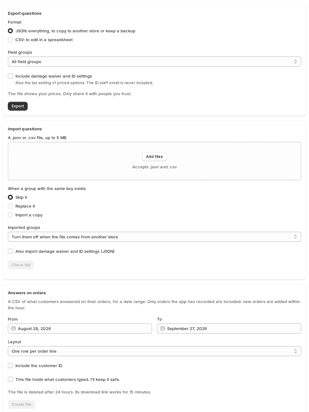 The Import and export page of the Custom Fields app with the Export questions, Import questions and Answers on orders sections