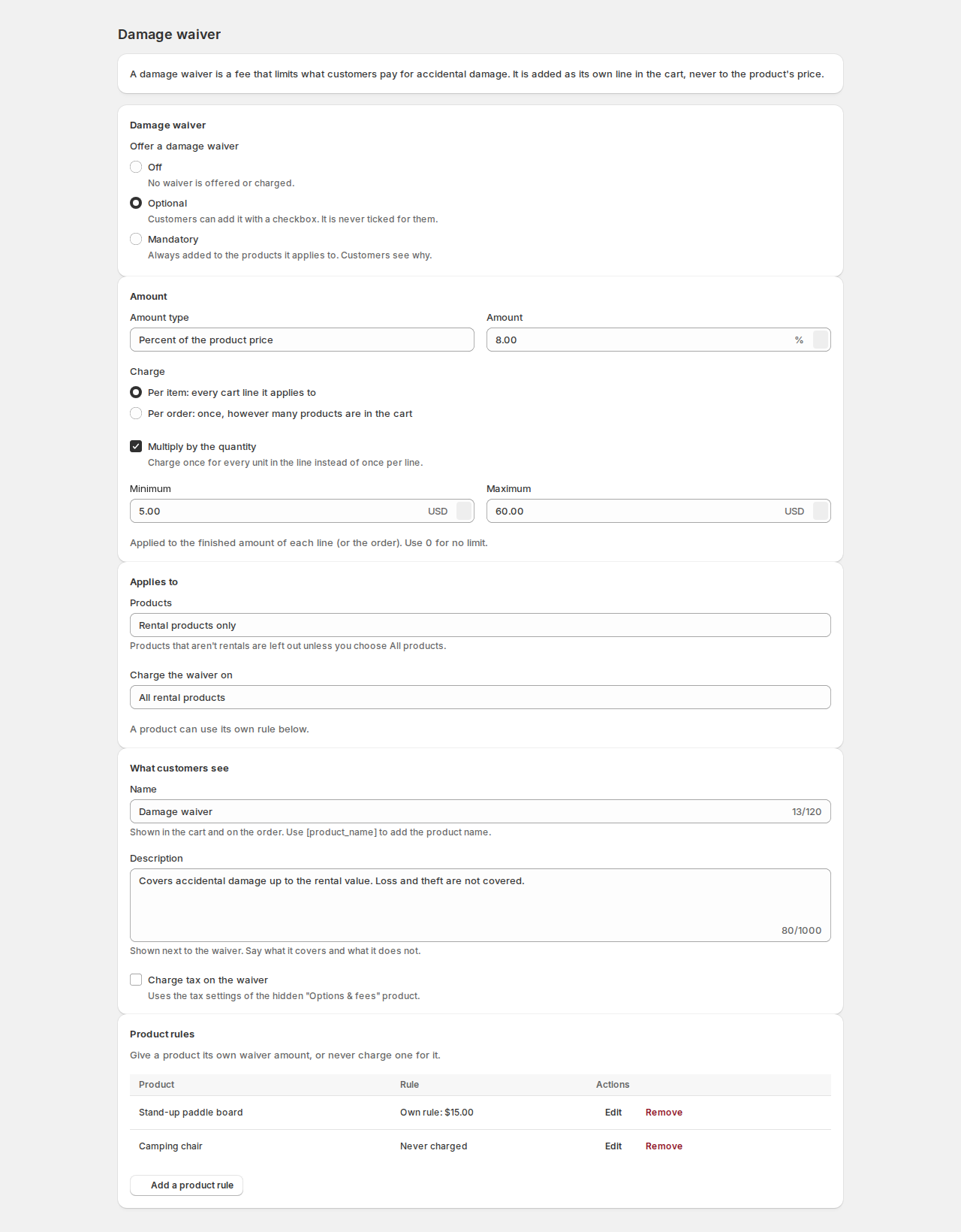 Damage waiver page in the app with Optional selected, 8 percent of the product price per item multiplied by the quantity, a minimum of .00 and a maximum of .00, applied to rental products only, the name Damage waiver with a description, and two product rules