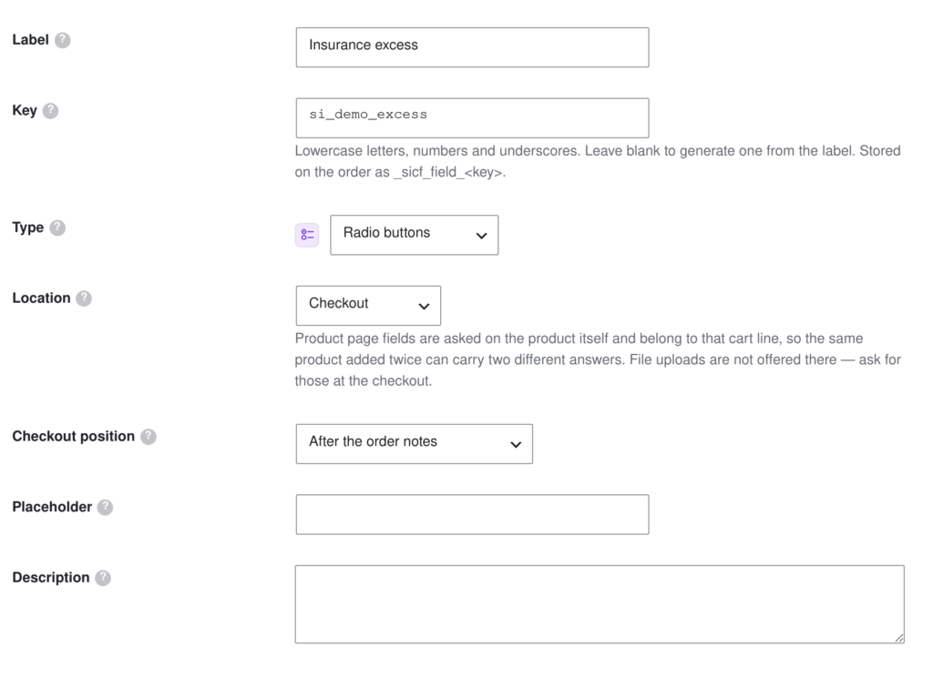 The custom field editor in WooCommerce, showing label, key, type, location and conditional logic with help tooltips