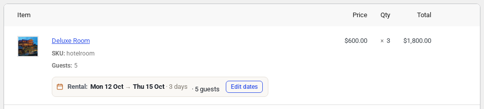 WooCommerce admin order line for a hotel room with Guests: 5 and a rental summary reading Mon 12 Oct to Thu 15 Oct, 5 guests