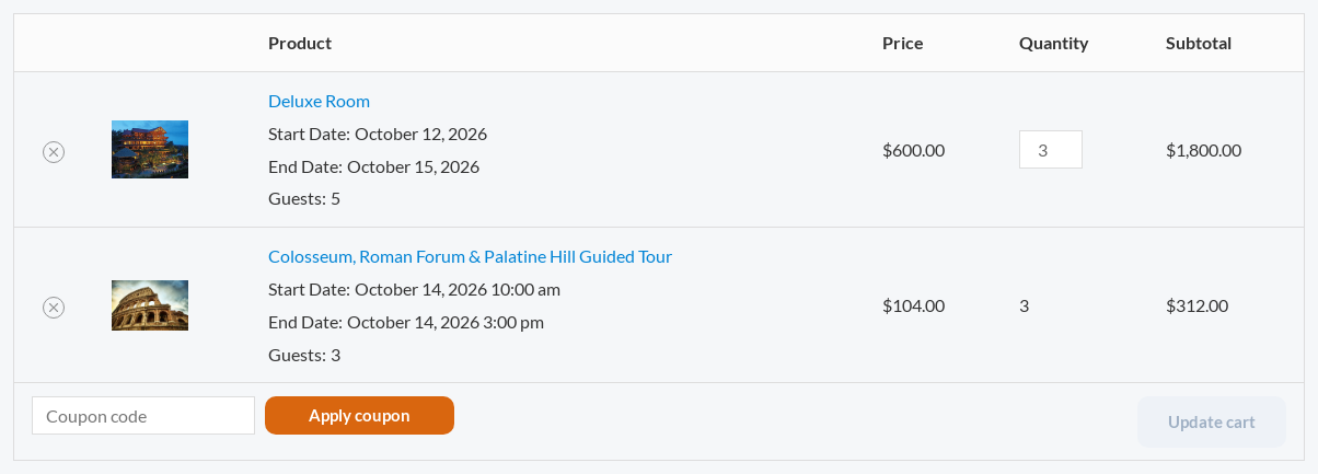 WooCommerce cart with a hotel room line showing Guests: 5 and quantity 3, and a guided tour line showing Guests: 3 with a fixed quantity of 3