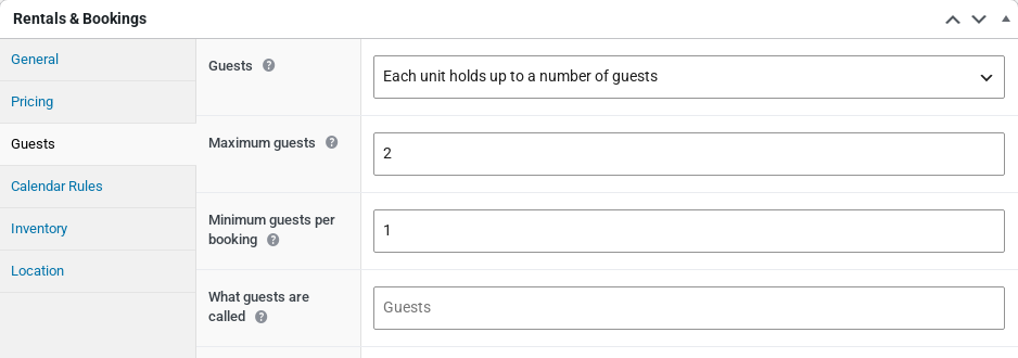 The Guests tab of a WooCommerce rental product with the guest mode, maximum guests, minimum guests and guest label fields