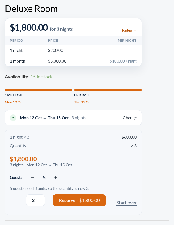 WooCommerce rental product page for a hotel room with a Guests stepper set to 5 in the booking bar and the quantity raised to 3 rooms