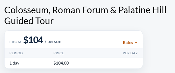 Pricing card of a WooCommerce guided tour product showing From 4 per person