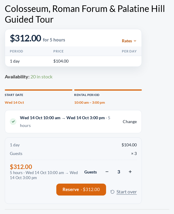 WooCommerce guided tour product page with 3 guests chosen, the booking bar showing 1 day at 4 times 3 guests and a total of 2