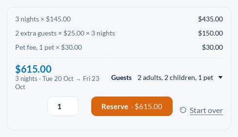 Booking bar on a WooCommerce cabin product listing 3 nights at 5, 2 extra guests at for 3 nights, a pet fee and a total of 5
