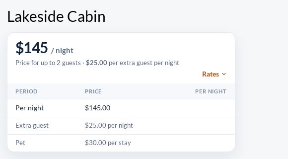 Pricing card for a WooCommerce cabin showing 5 per night, price for up to 2 guests, per extra guest per night, and rates rows for extra guest and pet
