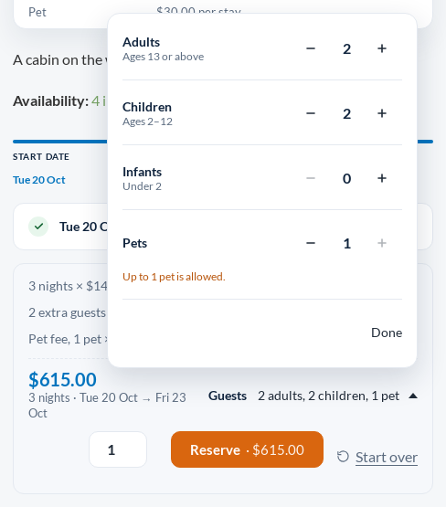 Guests dialog on a WooCommerce rental product page with rows for adults, children, infants and pets, each with an age note and minus and plus buttons