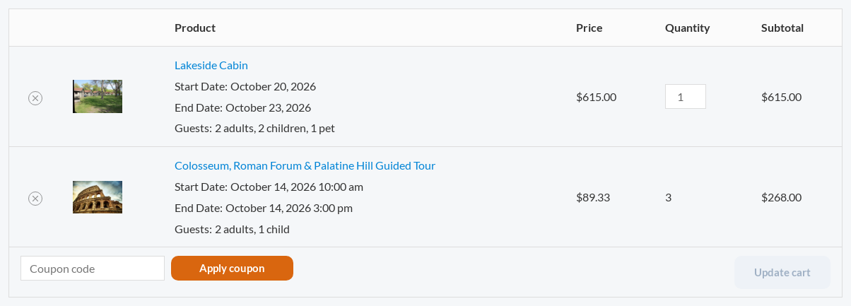 WooCommerce cart with a cabin line showing Guests: 2 adults, 2 children, 1 pet at 5 and a tour line showing Guests: 2 adults, 1 child at .33 times 3