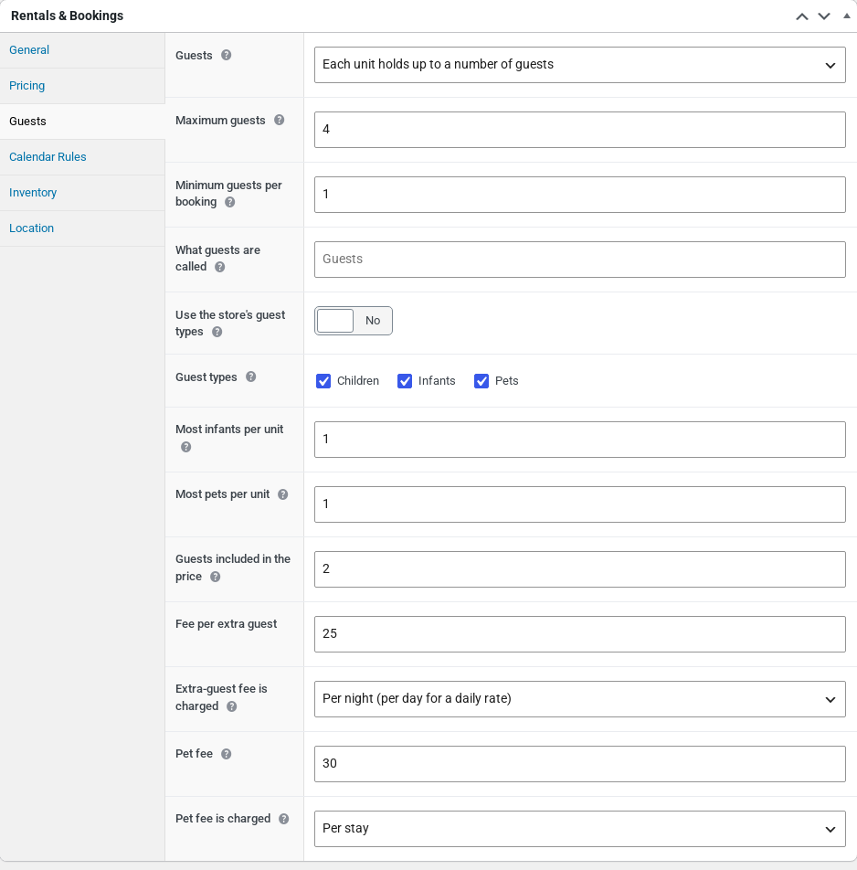 Guests tab of a WooCommerce cabin product with its own guest types, infant and pet limits, 2 guests included, a extra-guest fee per night and a pet fee per stay