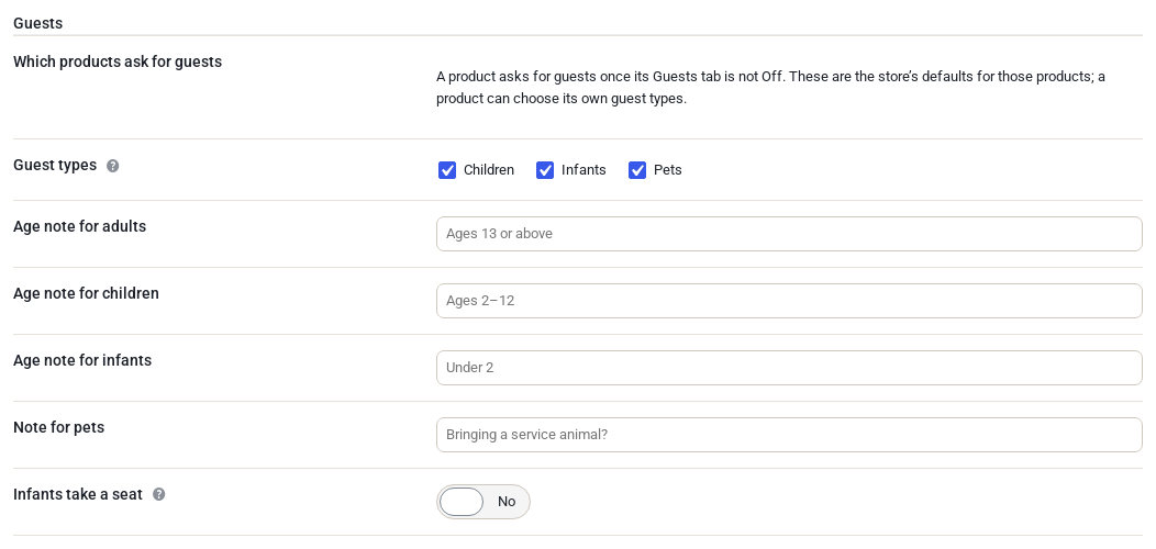 Rentals Settings Guests tab in WooCommerce admin with guest type checkboxes for children, infants and pets, age notes and an Infants take a seat switch