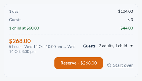 Booking bar on a WooCommerce guided tour for 2 adults and 1 child showing 1 day at 4 times 3 places, 1 child at minus , and a total of 8