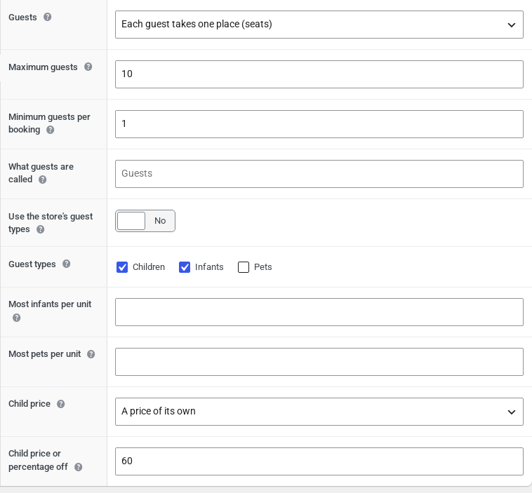 Guests tab of a WooCommerce guided tour product set to seats, with children and infants as guest types and a child price of