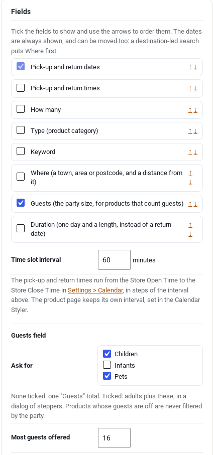 Search Builder in WooCommerce admin with the Guests field ticked and the Guests field options Ask for children and pets and Most guests offered 16