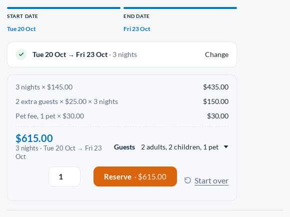 WooCommerce cabin product page opened from the search, with the dates and a party of 2 adults, 2 children and 1 pet already filled in and a total of 5