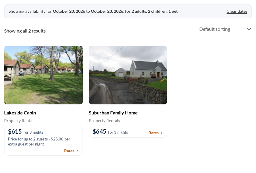 WooCommerce product listing filtered for 3 nights and 2 adults, 2 children and 1 pet, showing two holiday rentals with prices for 3 nights