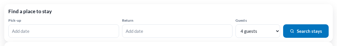 Rental search form with pick-up and return date fields, a Guests list set to 4 guests and a Search stays button