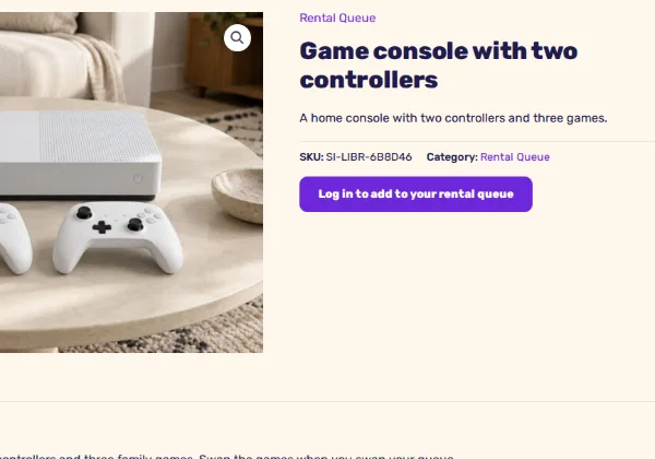 A game console product page on the game rental demo, with a Log in to add to your rental queue button