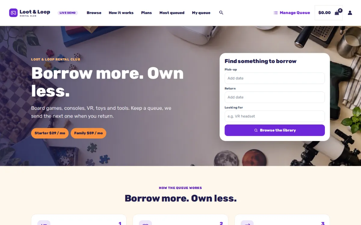Game rental software on the live demo: the Loot & Loop rental club homepage with Starter and Family plans and a Find something to borrow search