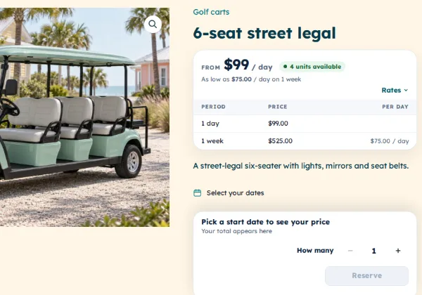 A 6-seat street-legal golf cart product page on the golf cart rental demo, with daily and weekly rates