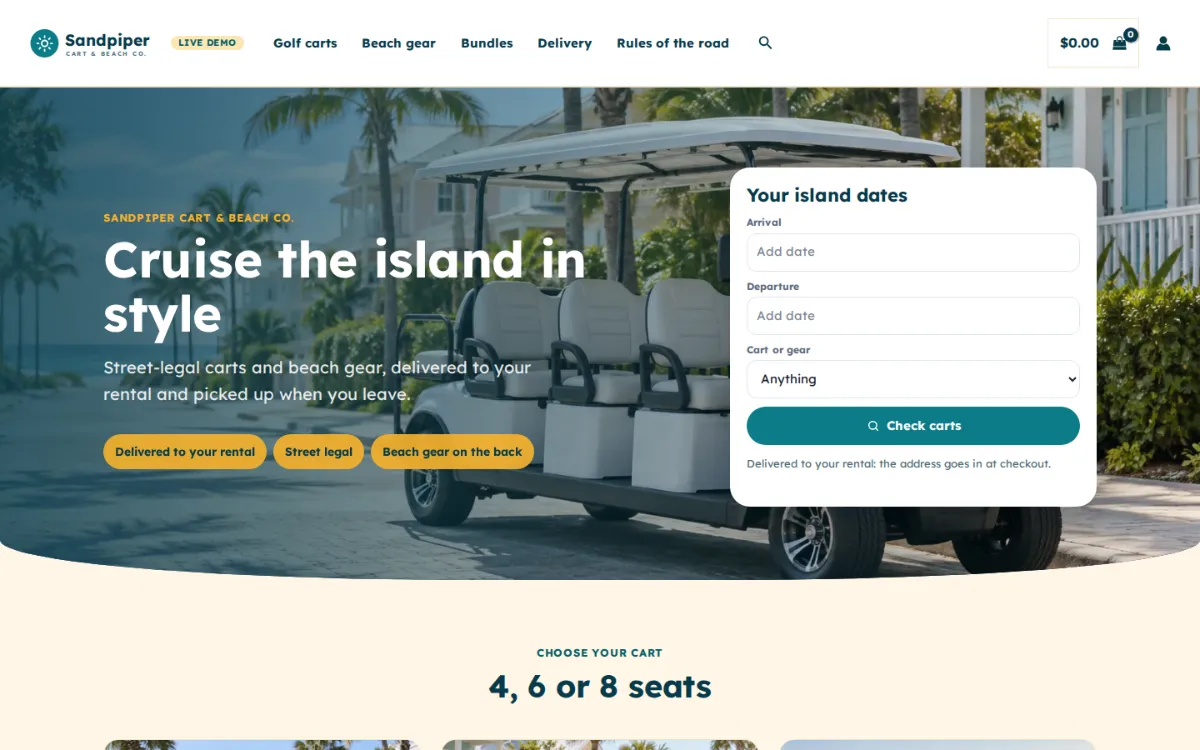 Golf cart rental software on the live demo: the Sandpiper homepage with an arrival, departure and cart search