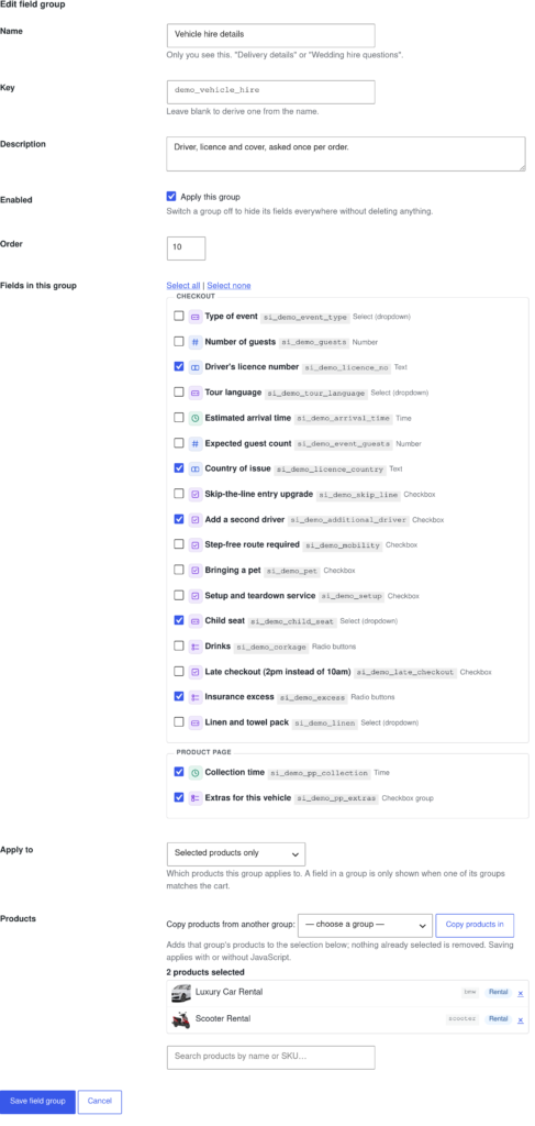 Editing a WooCommerce custom field group, choosing which fields it contains and which products it applies to