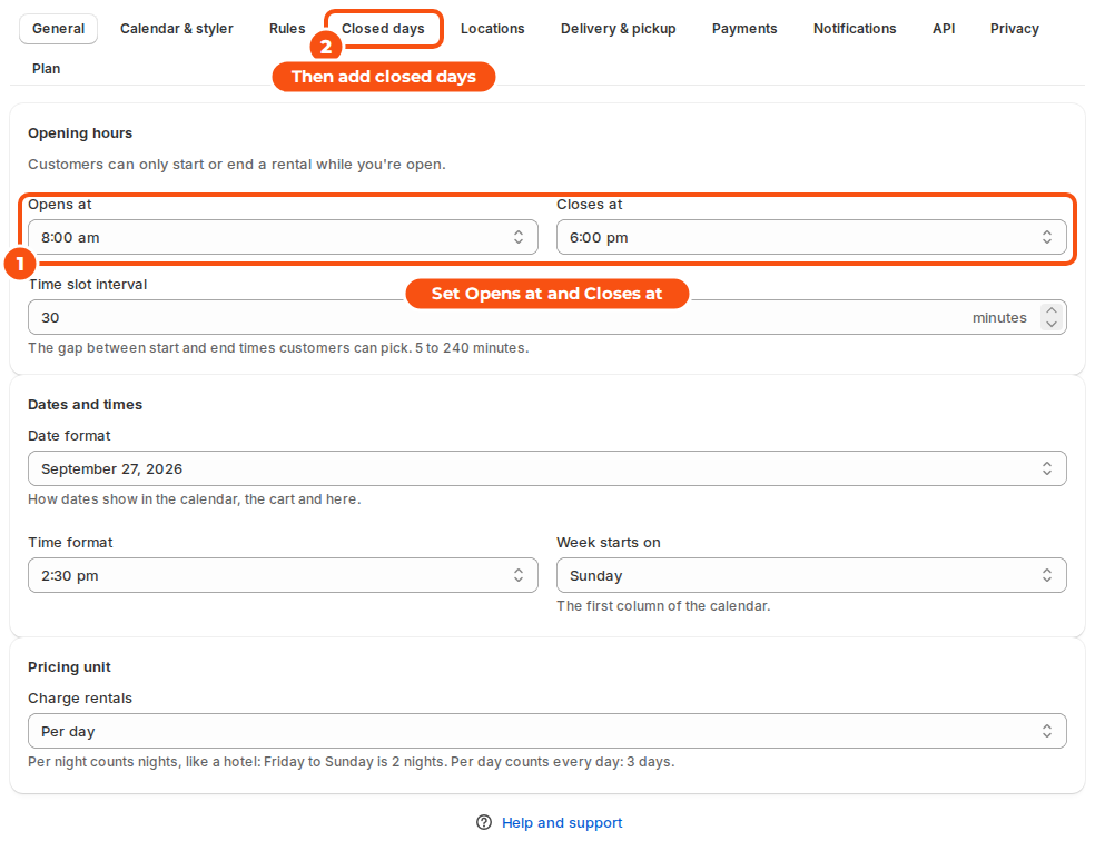 Settings General tab with Opens at 8:00 am and Closes at 6:00 pm marked, and the Closed days tab marked next