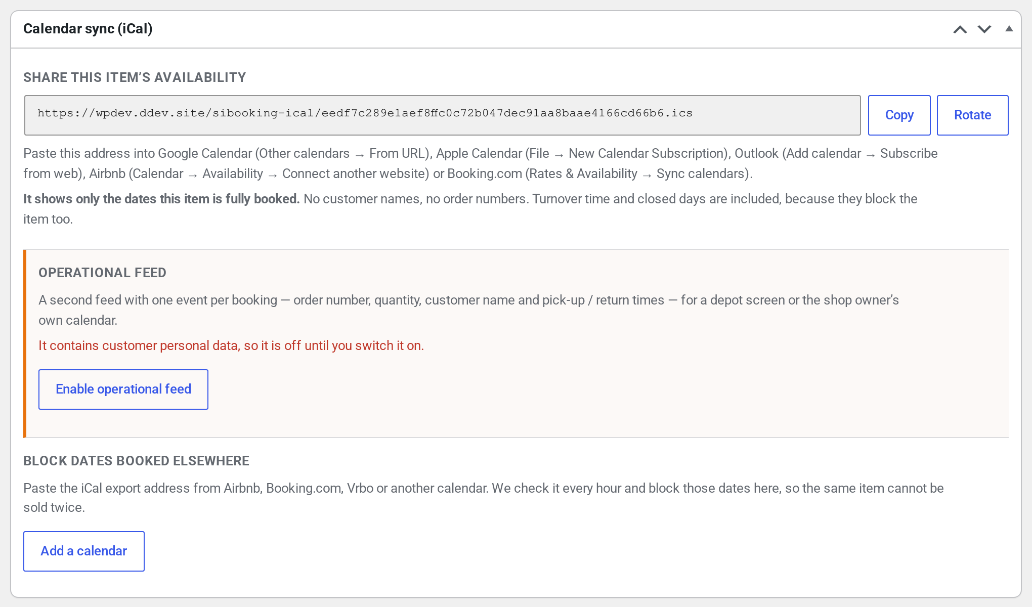 The Calendar sync (iCal) box on a WooCommerce product edit screen, showing the availability calendar address with Copy and Rotate buttons