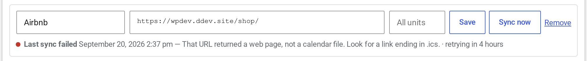 A calendar row whose last sync failed, with a red status line reading: That URL returned a web page, not a calendar file. Look for a link ending in .ics.